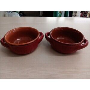 Set Of 2 DE SILVA Bowls Red & Terra Cotta Handmade Soup Chili 2 Handles EUC